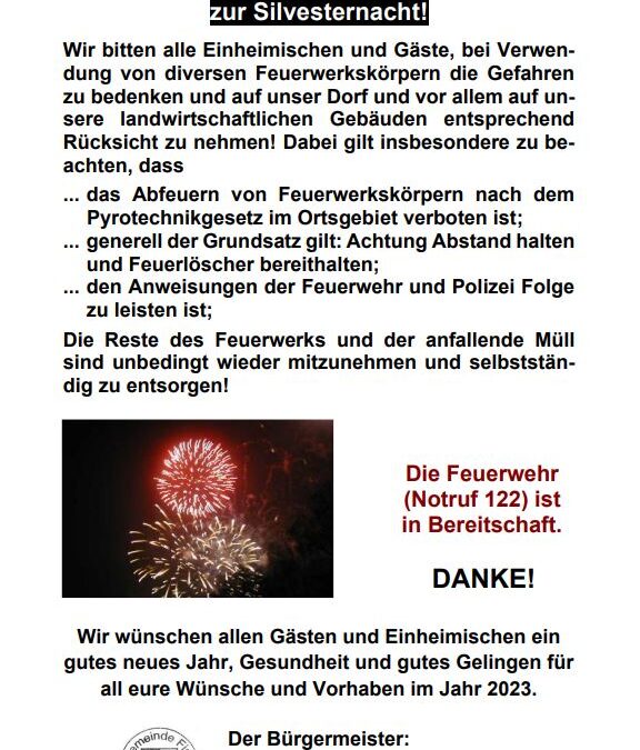 Behördliche Mitteilung zum Abschießen von Feuerwerkskörpern