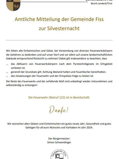 Behördliche Mitteilung zum Abschießen von Feuerwerkskörpern im Dorf